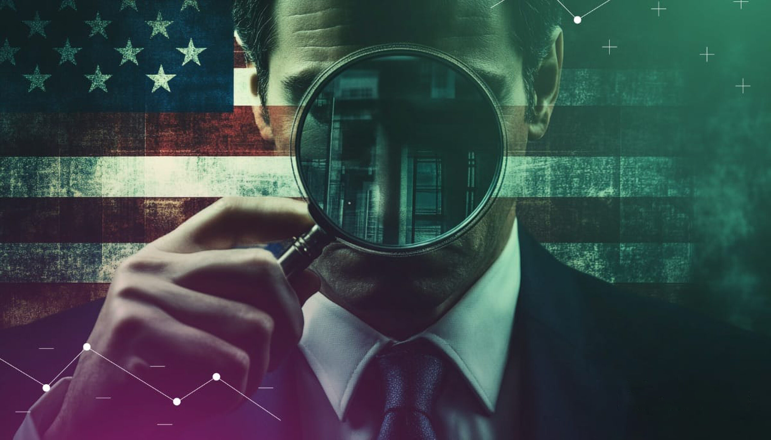 Suited male figure using a magnifying glass illustrating legal scrutiny of prediction markets