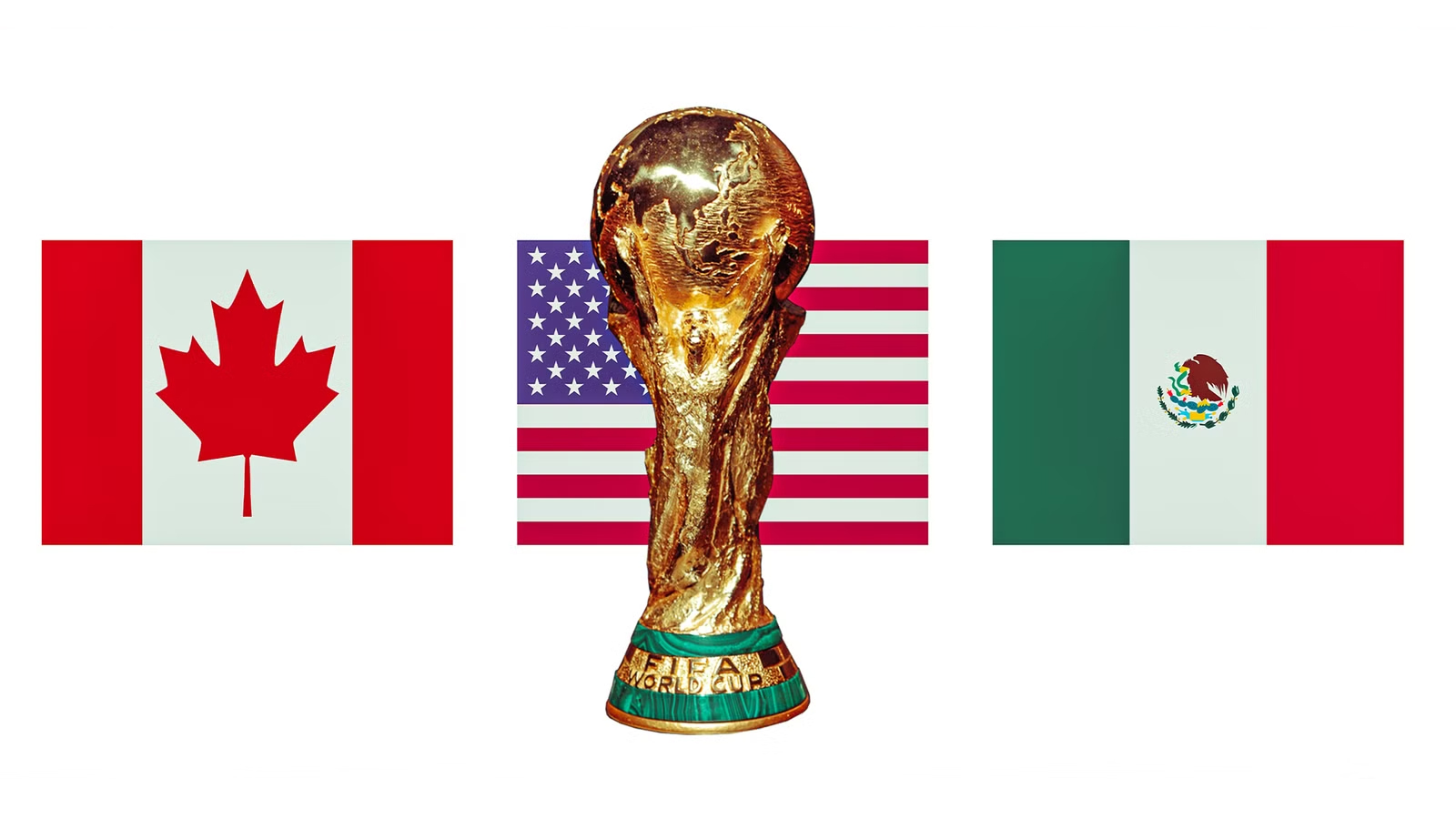 FIFA World Cup trophy with flags of Canada, USA and Mexico