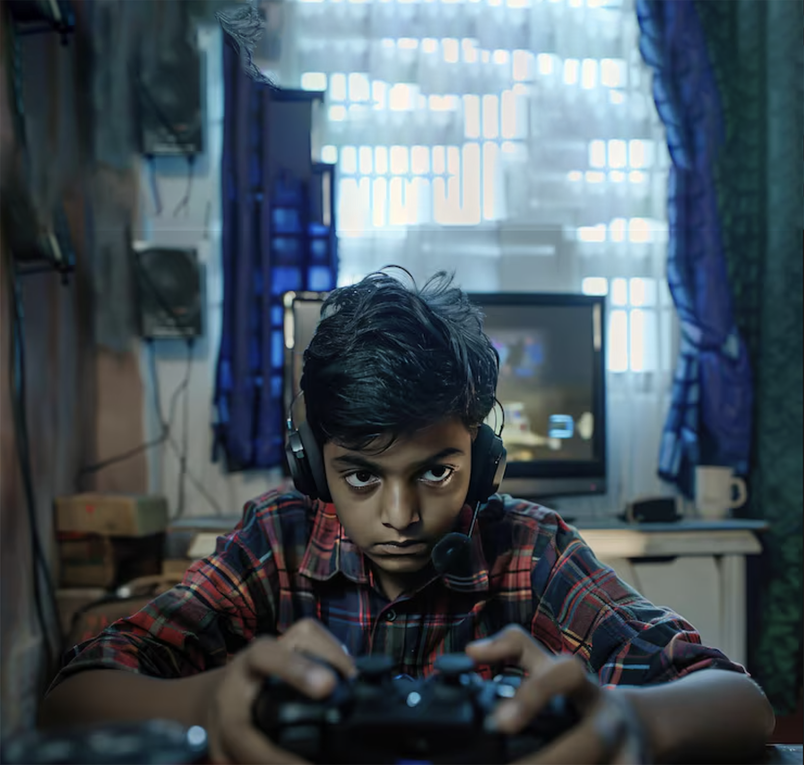 Young Indian boy playing computer games